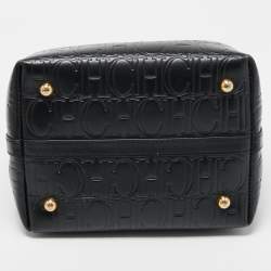 Carolina Herrera Black Monogram Embossed Leather Small Matryoshka Locked Tote