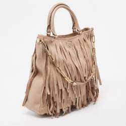 Pre Owned Carolina Herrera Beige Leather Gaspar Fringe Hobo