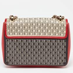 Carolina Herrera Red/White Monogram Coated Canvas and Leather Bow Flap Shoulder Bag