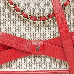 Carolina Herrera Red/White Monogram Coated Canvas and Leather Bow Flap Shoulder Bag