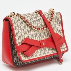 Carolina Herrera Red/White Monogram Coated Canvas and Leather Bow Flap Shoulder Bag