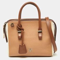 Pre Owned Carolina Herrera Brown/Off White Leather Zip Satchel