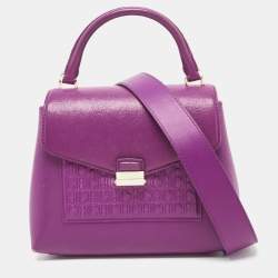 Pre Owned Carolina Herrera Purple Monogram Embossed Leather Top Handle Bag