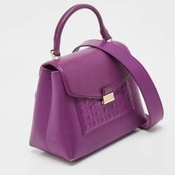 Pre Owned Carolina Herrera Purple Monogram Embossed Leather Top Handle Bag