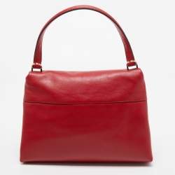 Pre Owned Carolina Herrera Red Leather Metal Bar Flap Top Handle Bag