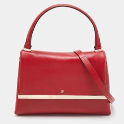 Pre Owned Carolina Herrera Red Leather Metal Bar Flap Top Handle Bag