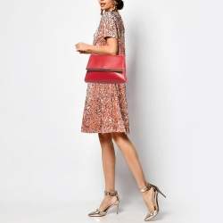 Pre Owned Carolina Herrera Red Leather Metal Bar Flap Top Handle Bag