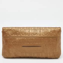 Caroline Herrera Gold Monogram Embossed Leather Bow Chain Clutch