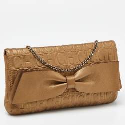 Caroline Herrera Gold Monogram Embossed Leather Bow Chain Clutch