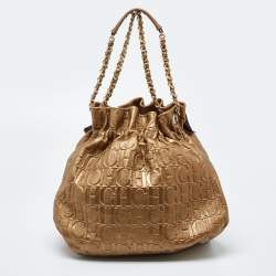 Pre Owned CH Carolina Herrera Gold Embossed Leather Bow Bucket Bag