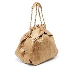 Pre Owned CH Carolina Herrera Gold Embossed Leather Bow Bucket Bag