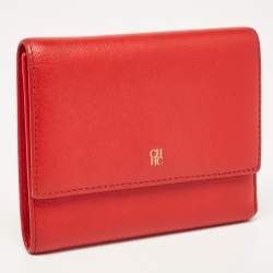 Pre Owned Carolina Herrera Red Leather Logo Trifold Wallet