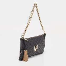 Pre Owned Carolina Herrera Black Quilted Leather Chain Tassel Baguette Bag