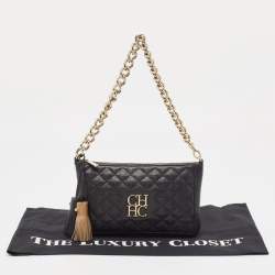 Pre Owned Carolina Herrera Black Quilted Leather Chain Tassel Baguette Bag