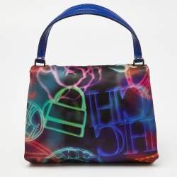 Pre Owned Carolina Herrera Multicolor Printed Fabric and Leather Metal Flap Top Handle Bag