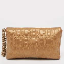Carolina Herrera Bronze Monogram Leather Wristlet Clutch