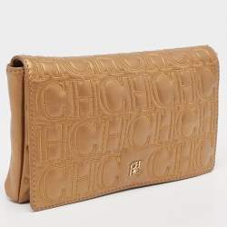Carolina Herrera Bronze Monogram Leather Wristlet Clutch
