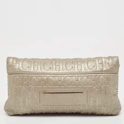 Carolina Herrera Grey Monogram Embossed Leather Bow Flap Chain Clutch  