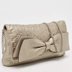 Carolina Herrera Grey Monogram Embossed Leather Bow Flap Chain Clutch  