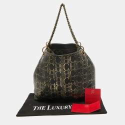 Pre Owned Carolina Herrera Black/Gold Monogram Embossed Leather Chain Tote