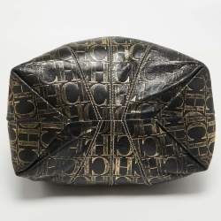 Pre Owned Carolina Herrera Black/Gold Monogram Embossed Leather Chain Tote