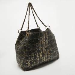 Pre Owned Carolina Herrera Black/Gold Monogram Embossed Leather Chain Tote