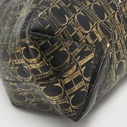 Pre Owned Carolina Herrera Black/Gold Monogram Embossed Leather Chain Tote