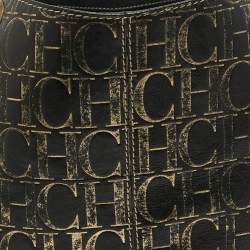 Pre Owned Carolina Herrera Black/Gold Monogram Embossed Leather Chain Tote