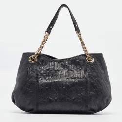 Carolina Herrera Black Monogram Embossed Leather Chain Hobo