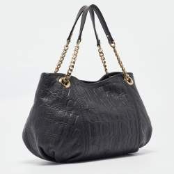 Carolina Herrera Black Monogram Embossed Leather Chain Hobo