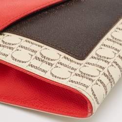 Pre Owned Carolina Herrera Red/Brown Signature Coated Canvas and Leather Envelope Flap Bag