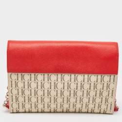 Pre Owned Carolina Herrera Red/Brown Signature Coated Canvas and Leather Envelope Flap Bag
