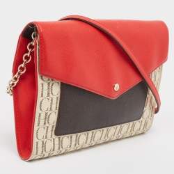 Pre Owned Carolina Herrera Red/Brown Signature Coated Canvas and Leather Envelope Flap Bag