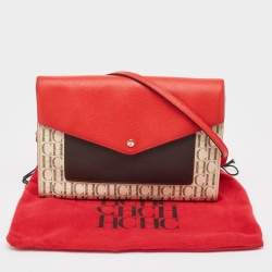 Pre Owned Carolina Herrera Red/Brown Signature Coated Canvas and Leather Envelope Flap Bag