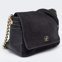 Pre Owned Carolina Herrera Black Nubuck and Leather Chain Flap Shoulder Bag