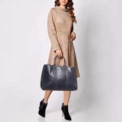 Pre Owned Carolina Herrera Navy Blue Grained Leather Matteo Tote