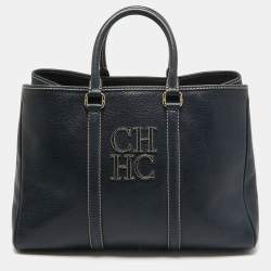 Pre Owned Carolina Herrera Navy Blue Grained Leather Matteo Tote