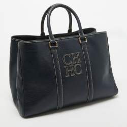 Pre Owned Carolina Herrera Navy Blue Grained Leather Matteo Tote