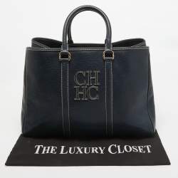 Pre Owned Carolina Herrera Navy Blue Grained Leather Matteo Tote