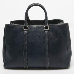 Pre Owned Carolina Herrera Navy Blue Grained Leather Matteo Tote
