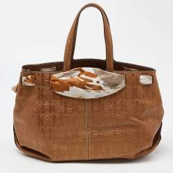 Carolina Herrera Bronze Monogram Embossed Leather Scarf Tote 