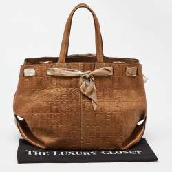 Carolina Herrera Bronze Monogram Embossed Leather Scarf Tote 