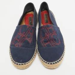 Carolina Herrera Navy Blue Canvas Espadrille Slip On Loafers Size 40