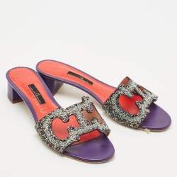 Carolina Herrera Purple Glitter and Leather Slide Sandals Size 38