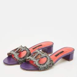 Carolina Herrera Purple Glitter and Leather Slide Sandals Size 38