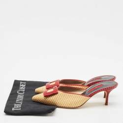 Carolina Herrera Red/Cream Lizard Embossed Leather and Raffia Heel Mules Size 36