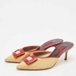Carolina Herrera Red/Cream Lizard Embossed Leather and Raffia Heel Mules Size 36