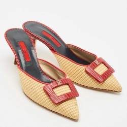 Carolina Herrera Red/Cream Lizard Embossed Leather and Raffia Heel Mules Size 36
