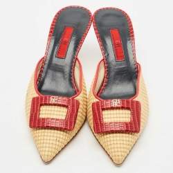 Carolina Herrera Red/Cream Lizard Embossed Leather and Raffia Heel Mules Size 36