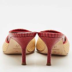 Carolina Herrera Red/Cream Lizard Embossed Leather and Raffia Heel Mules Size 36